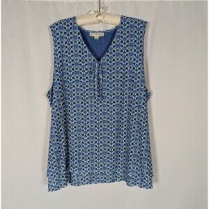 Emaline Blouse 2X Women's Blue Geometric Print Vneck Sleeveless Tank Top